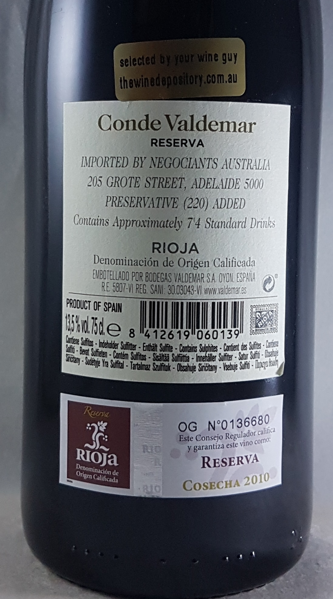 Conde de Valdemar Rioja Reserva 2010 Back Label