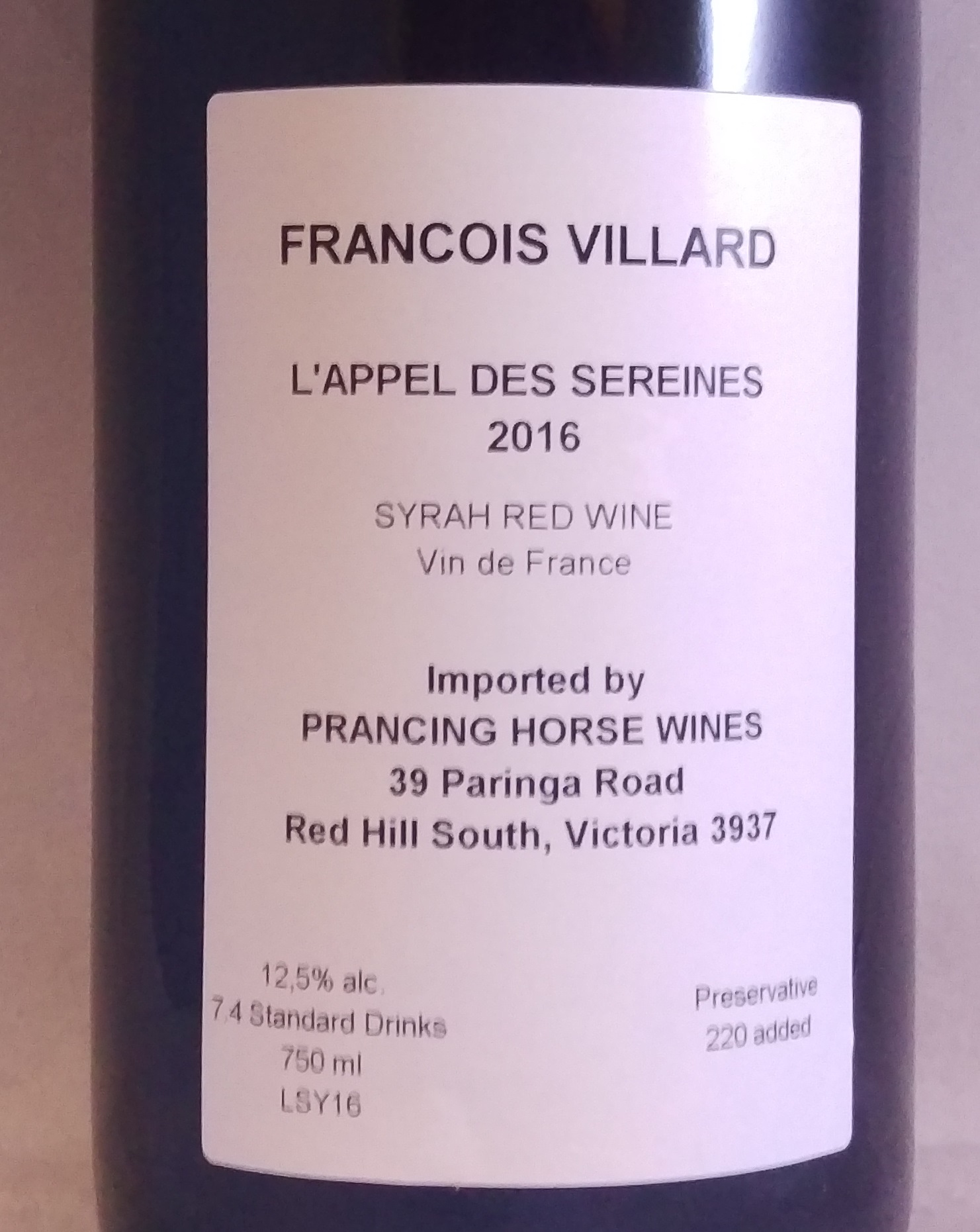Francois Villard L'Appel des Sereines Vins de France Rhone Valley Syrah 2016 Back label