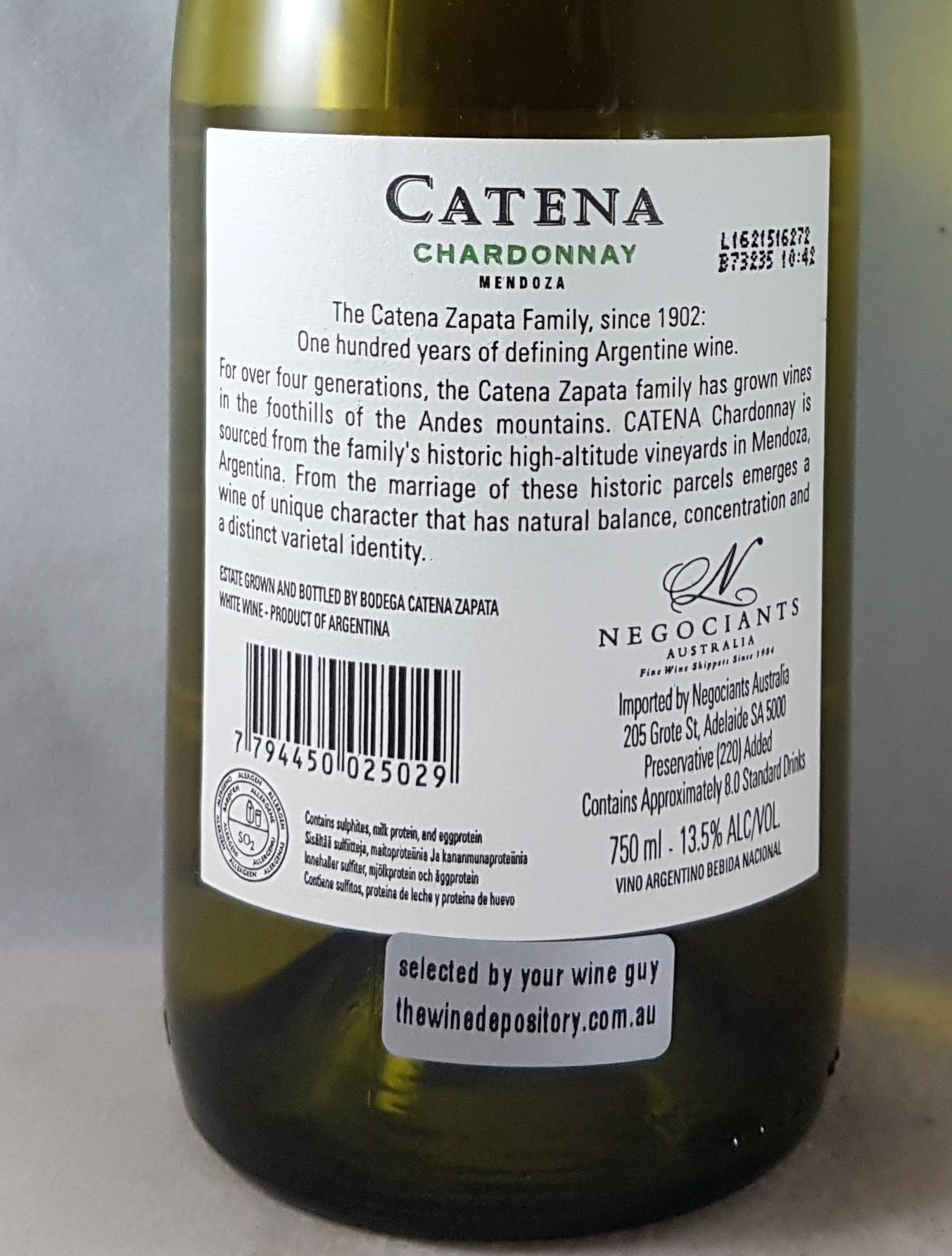 Catena Zapata Catena Mendoza Chardonnay 2015 Back Label
