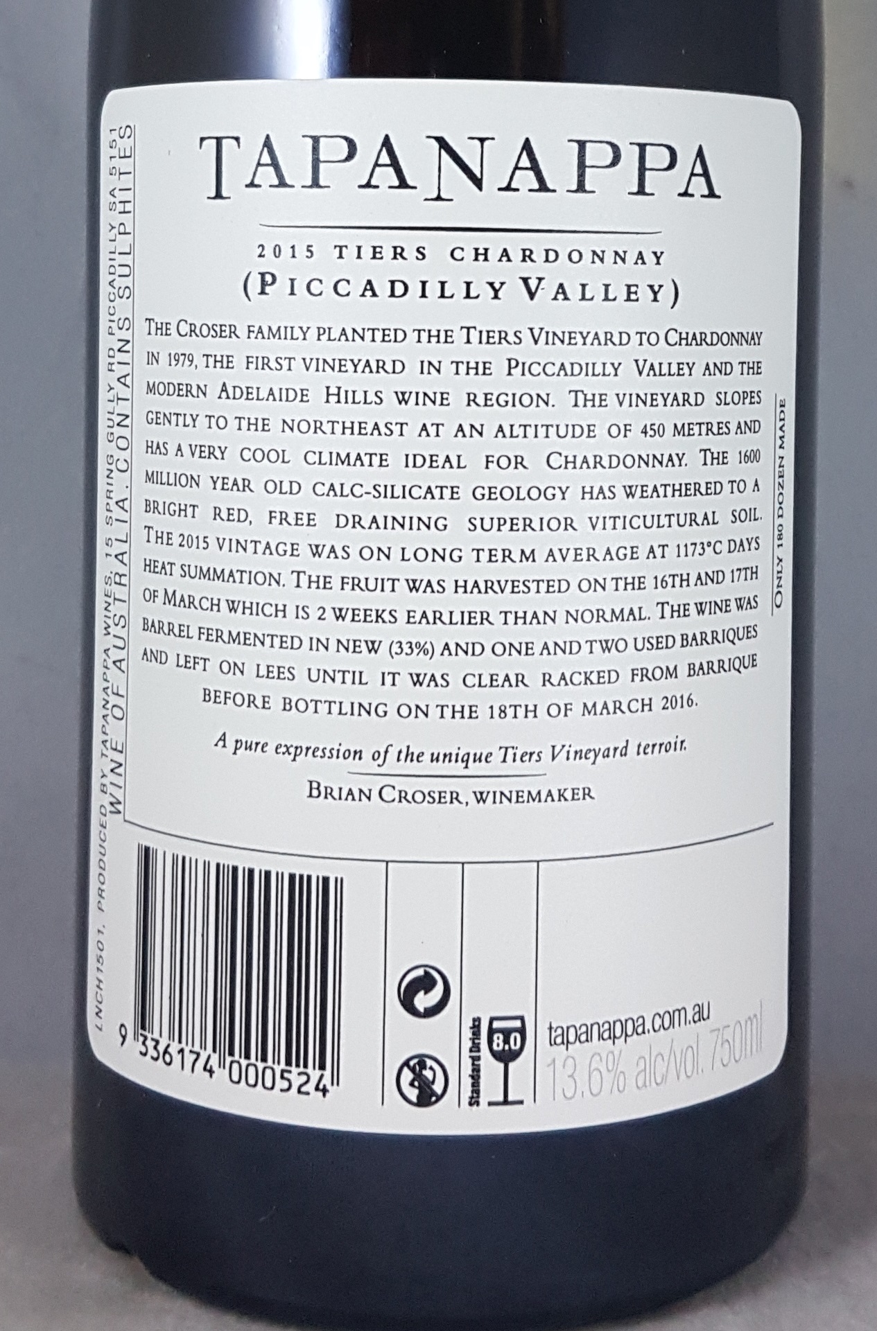 Tapanappa Tiers Adelaide Hills Chardonnay 2015 Back Label