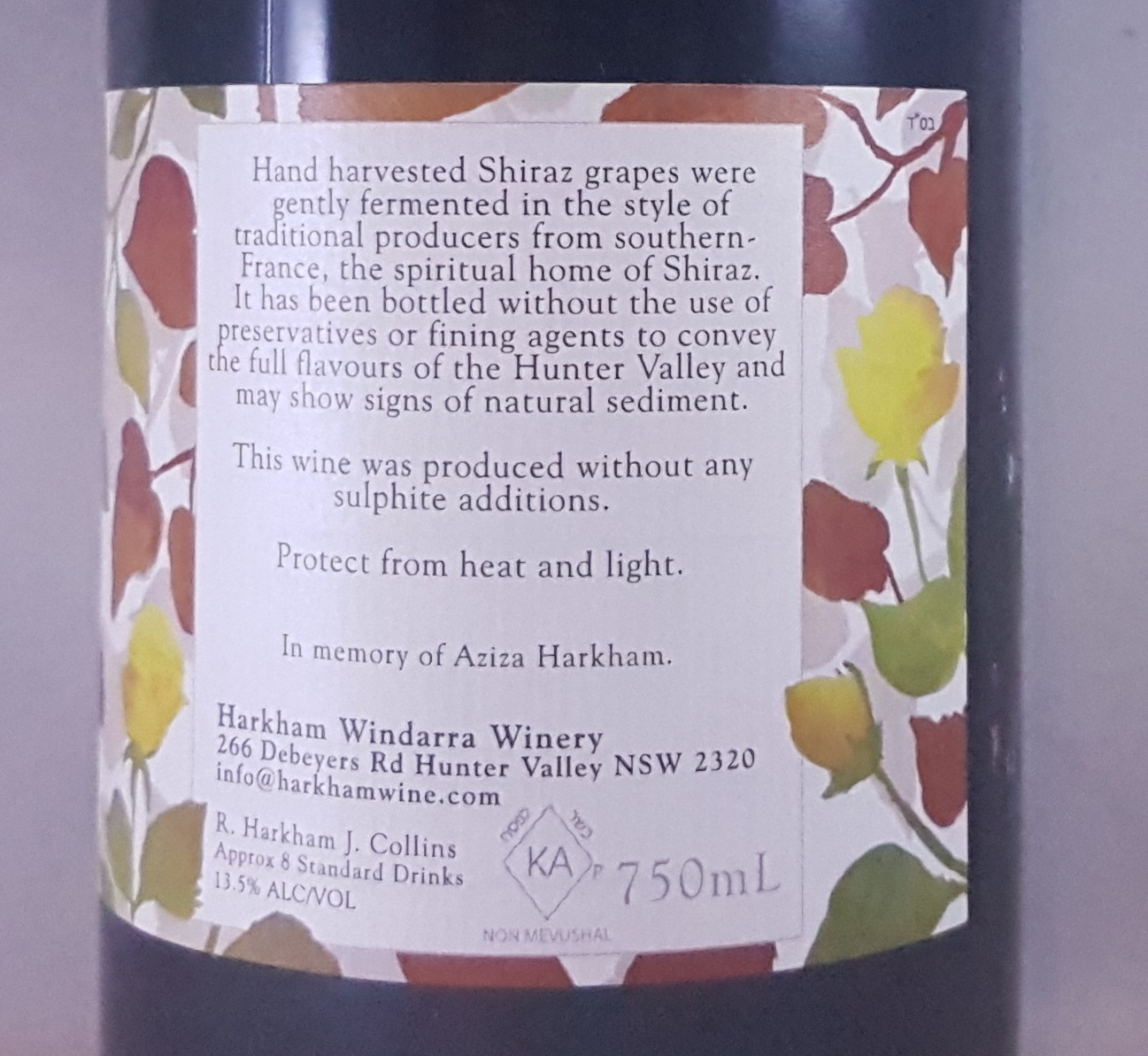 Harkhams Wines Azizas Shiraz Hunter Valley 2016 Preservative Free Back Label