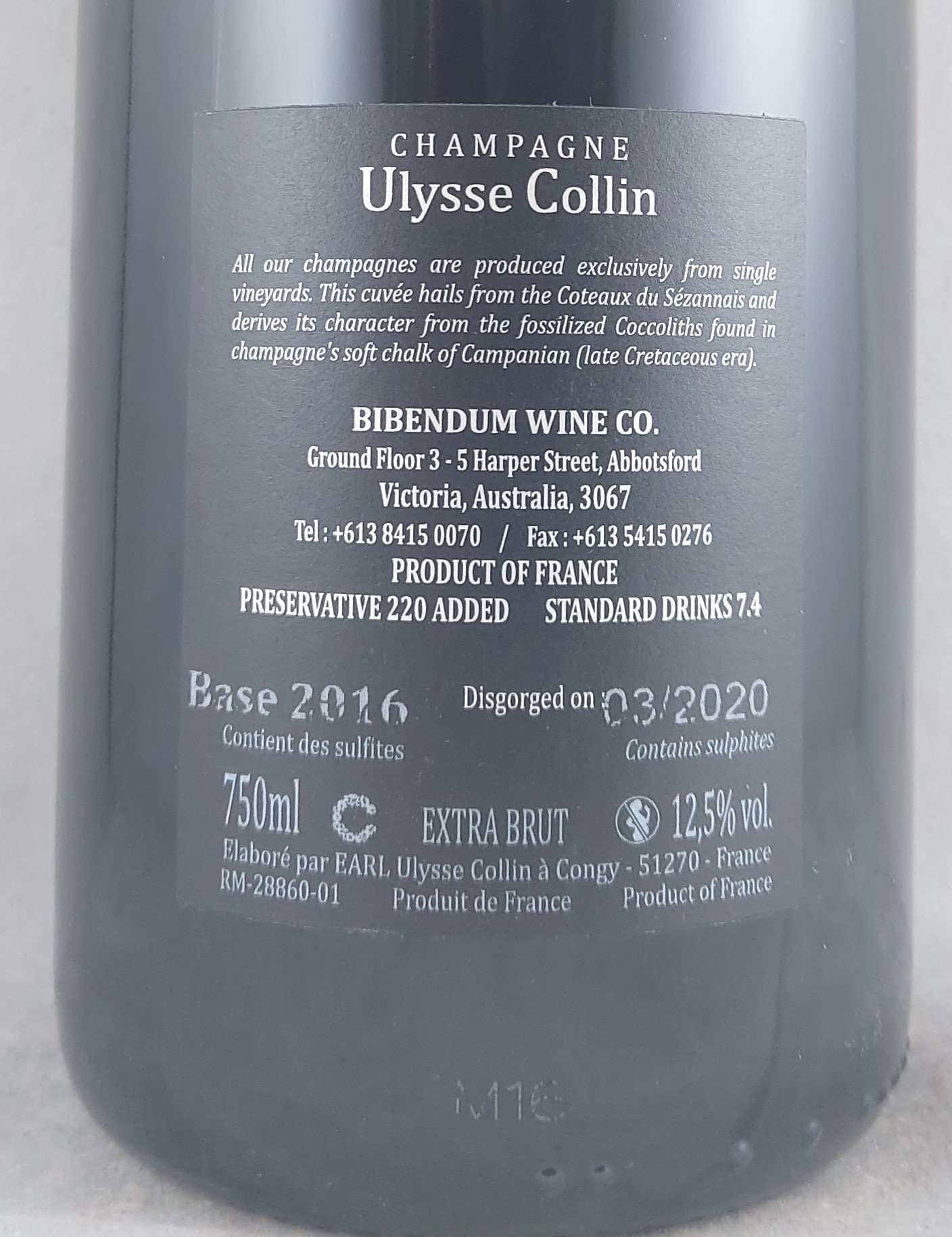 Ulysse Collin Les Maillons Extra Brut Cote de Sezannais Blanc de Noirs NV Back Label