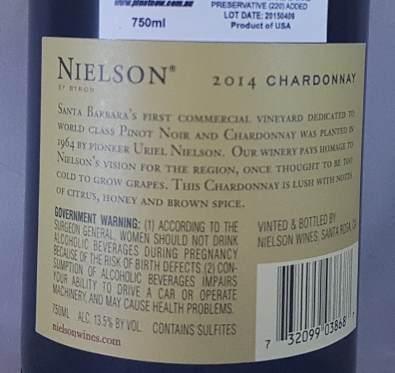 Nielson by Byron Santa Barbara Chardonnay 2014 Back Label