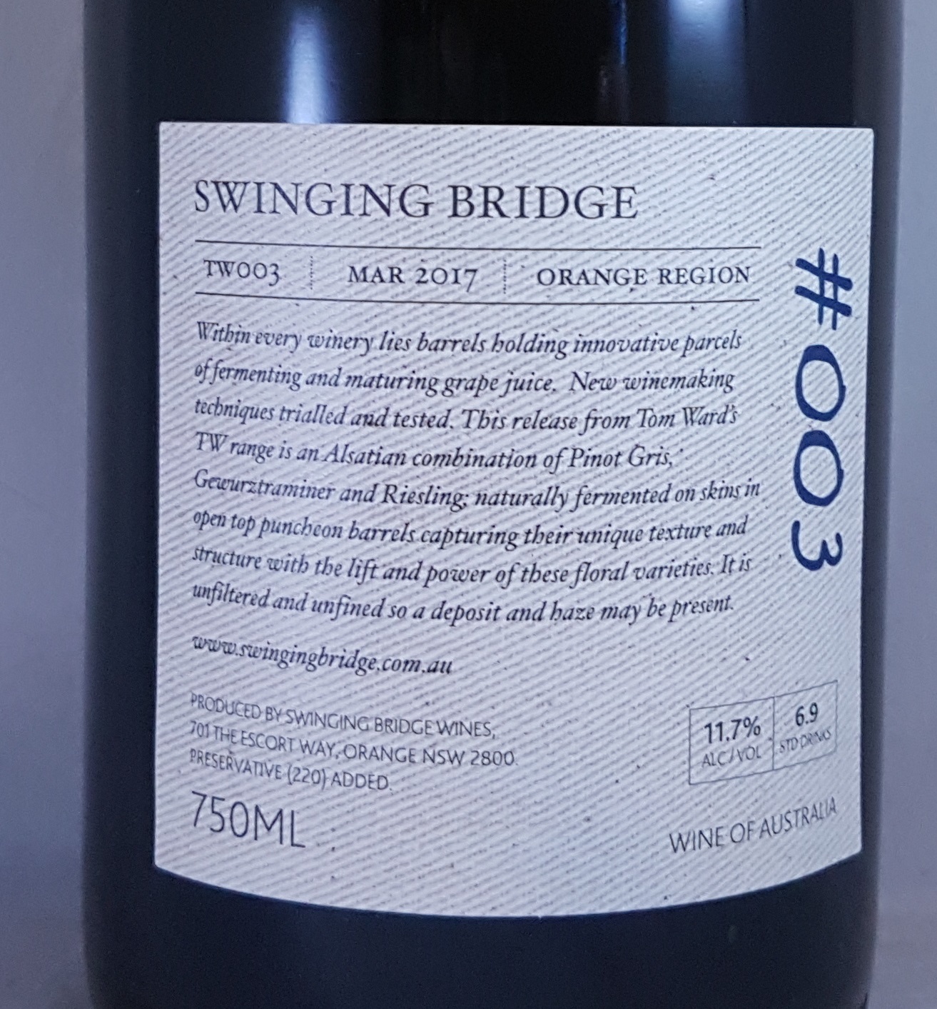 Swinging Bridge #003 Amber Field Blend Orange 2017 Back Label