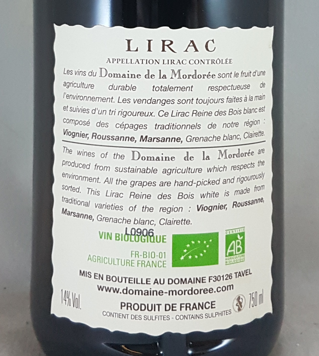 Domaine De La Mordorée Cuvée de la Reine des Bois Lirac Blanc 2014 Back label