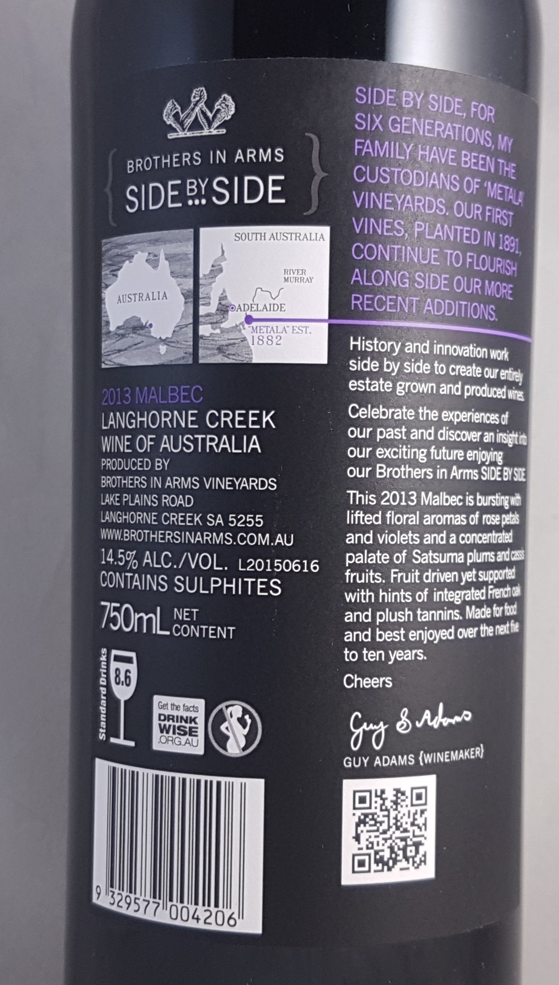 Brothers in Arms Side By Side Langhorne Creek Malbec 2013 Back Label