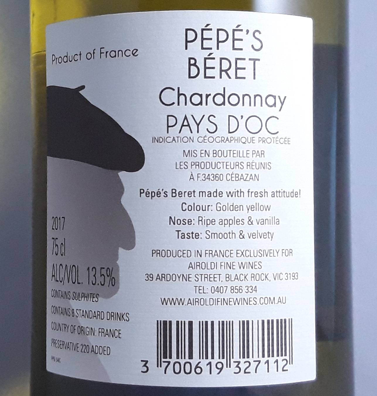 Pepe's Beret Vin de Pays Chardonnay 2017 Back label