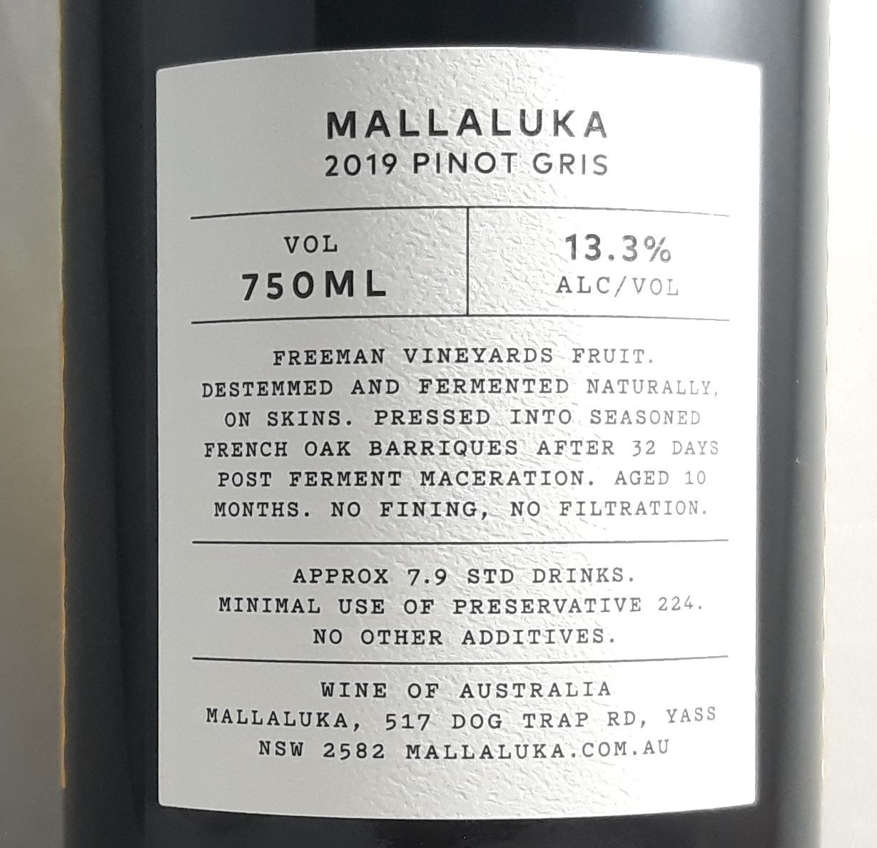 Mallaluka Hilltops Pinot Gris 2019 Back Label