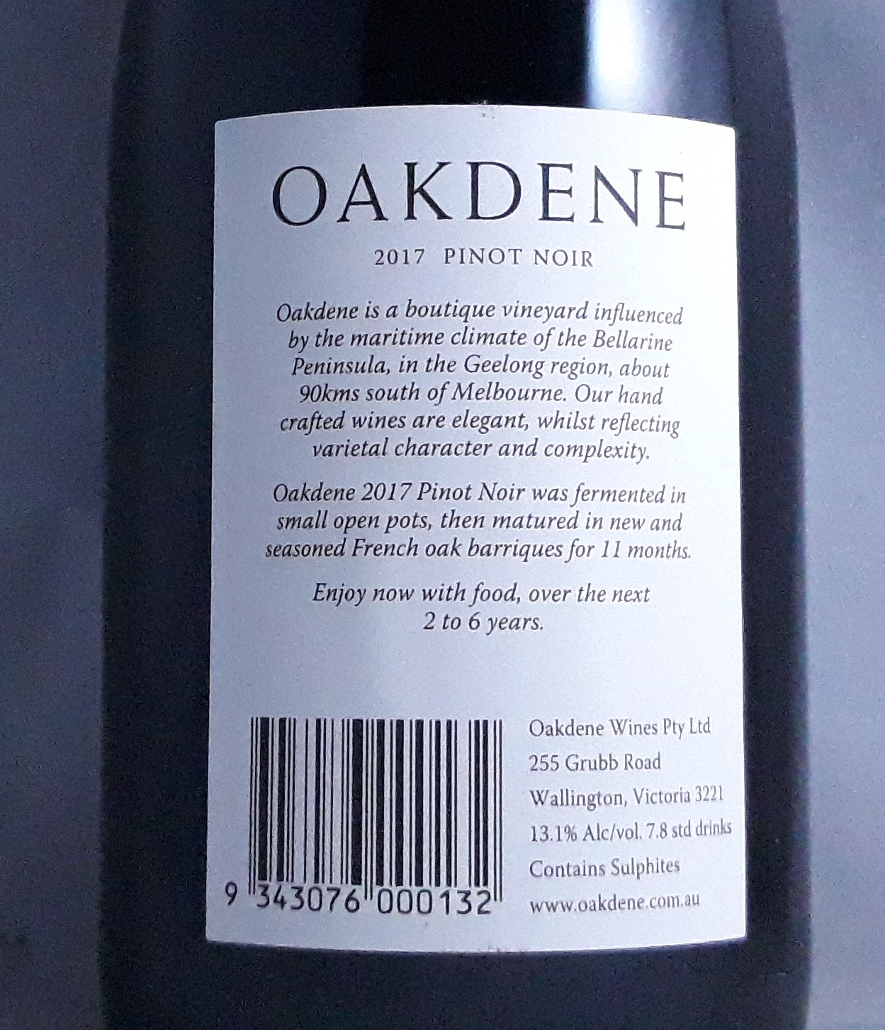 Oakdene Blue Label Pinot Noir Geelong 2017 Back Label