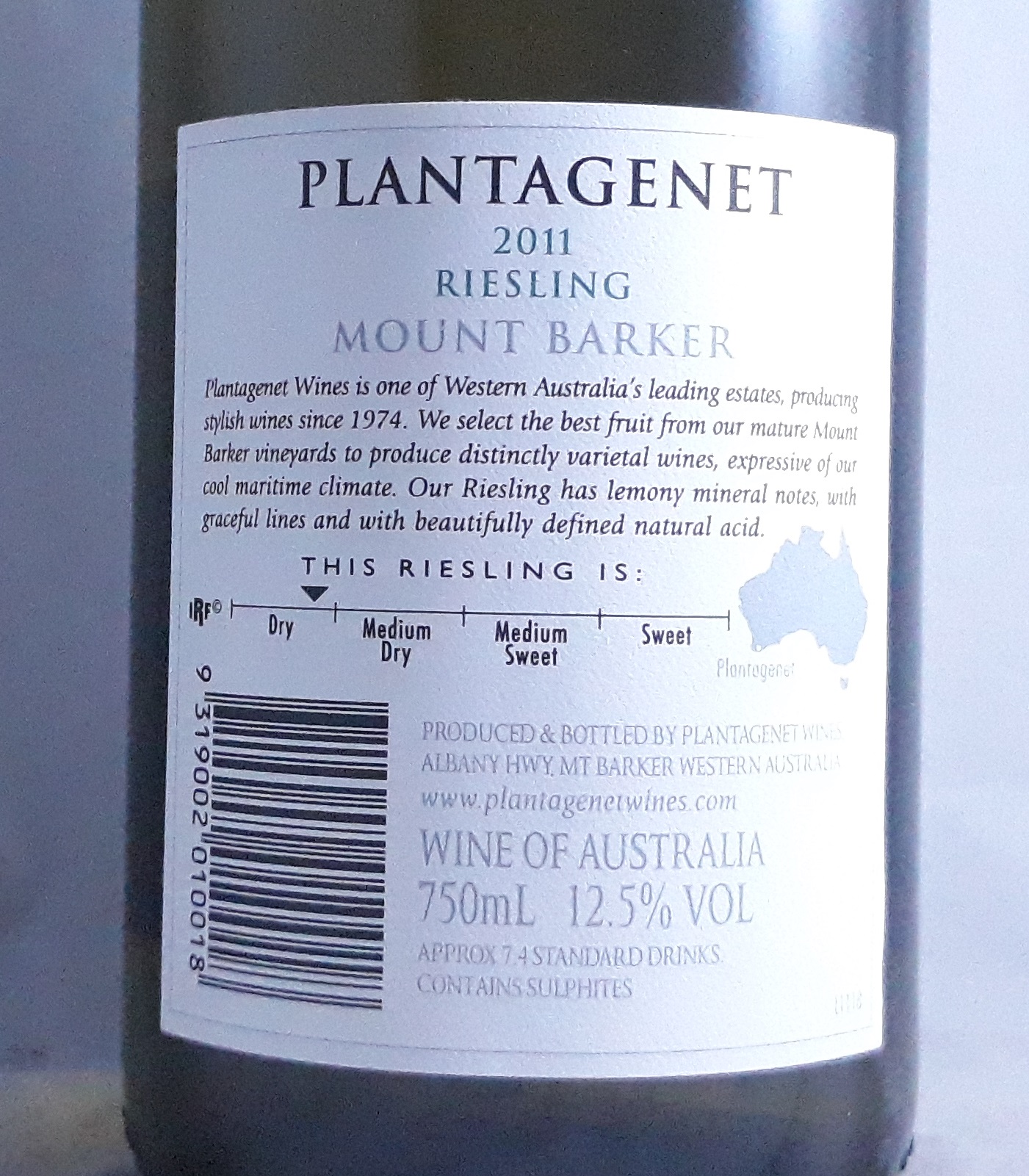 Plantagenet Mt Barker Riesling 2011 Back Label