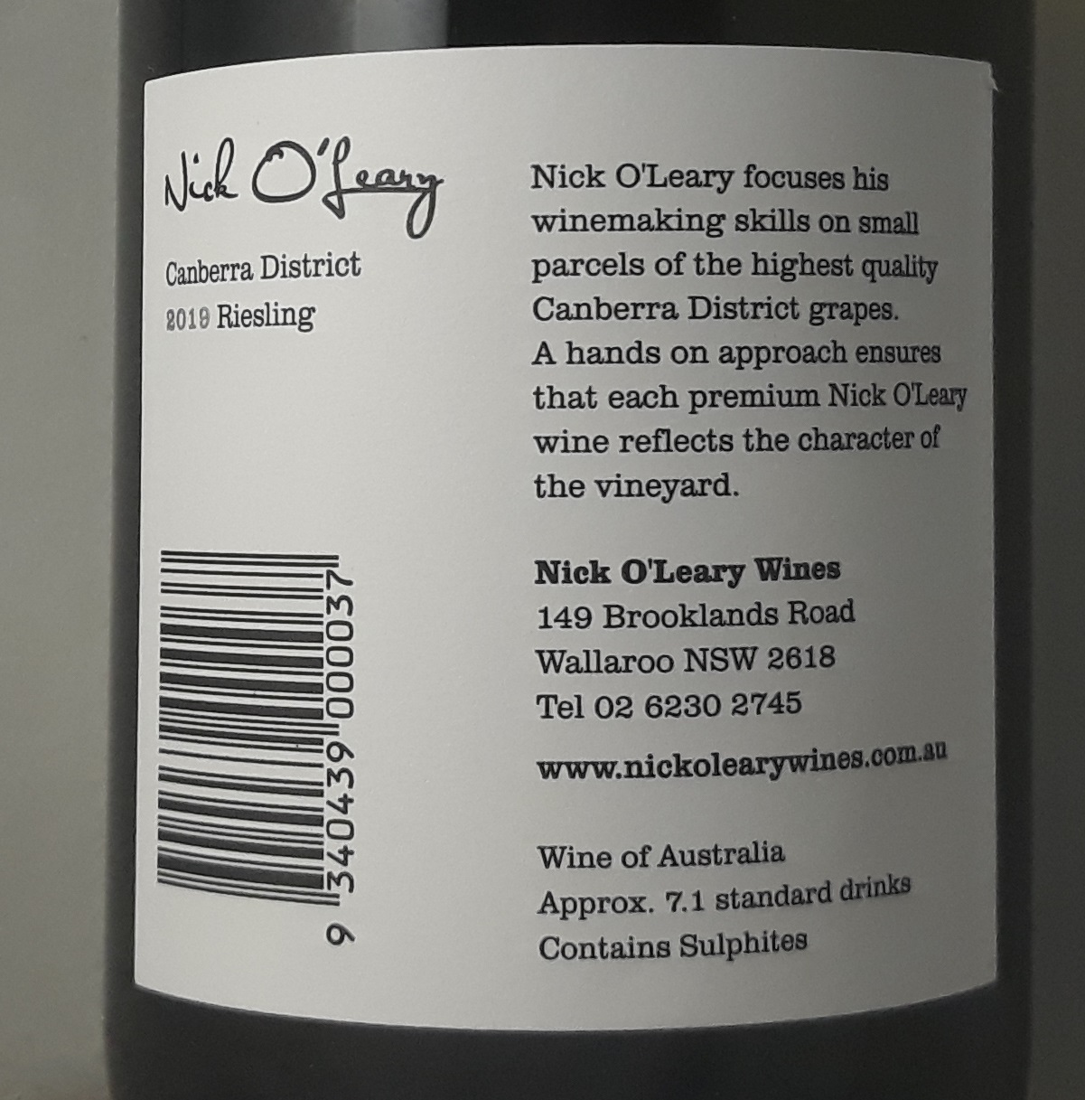 Nick O'Leary Canberra District Riesling 2019 Back Label