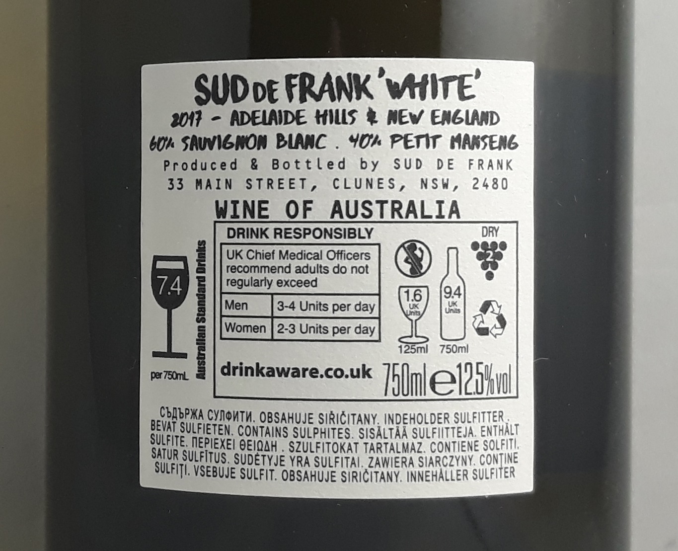 Sud De Frank White 2017 Back Label