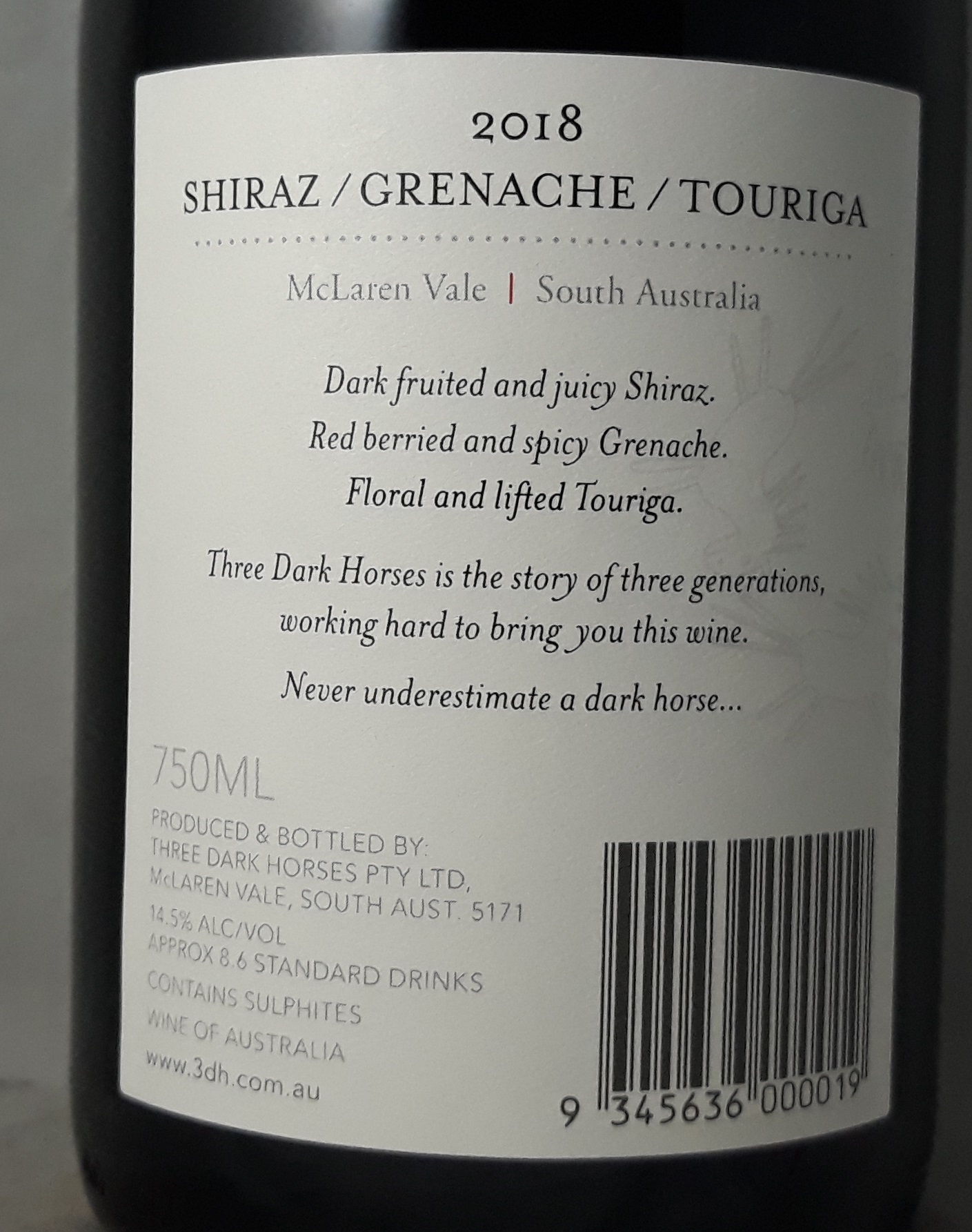 Three Dark Horses Shiraz Grenache Touriga 2018 Back Label