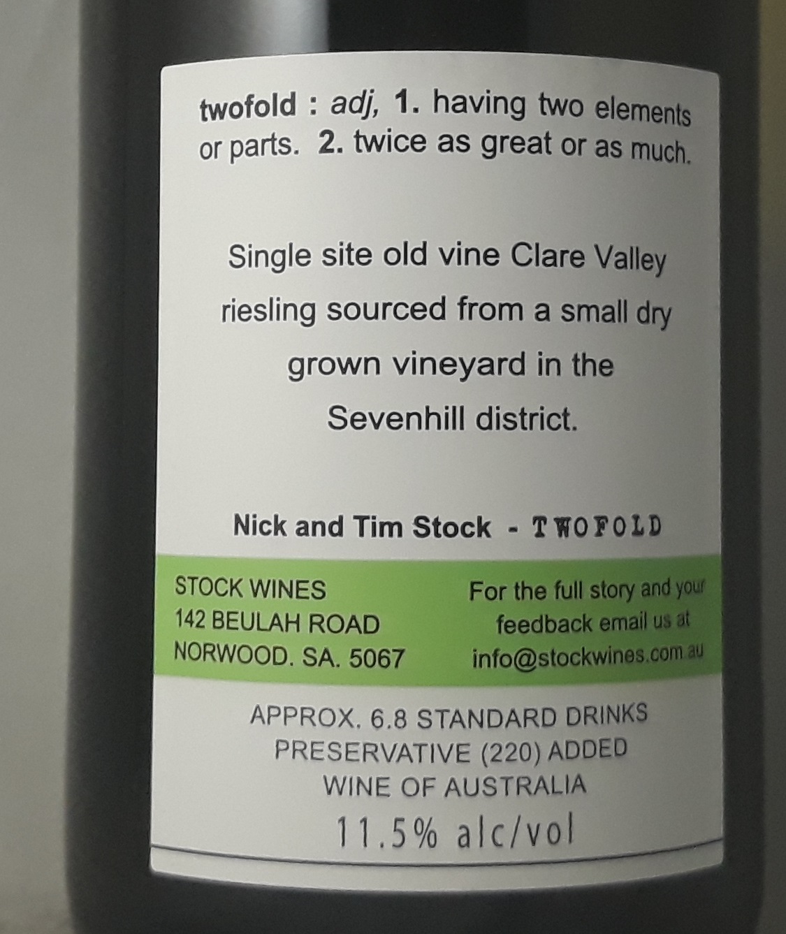 Twofold Riesling Clare Valley 2017 Back Label