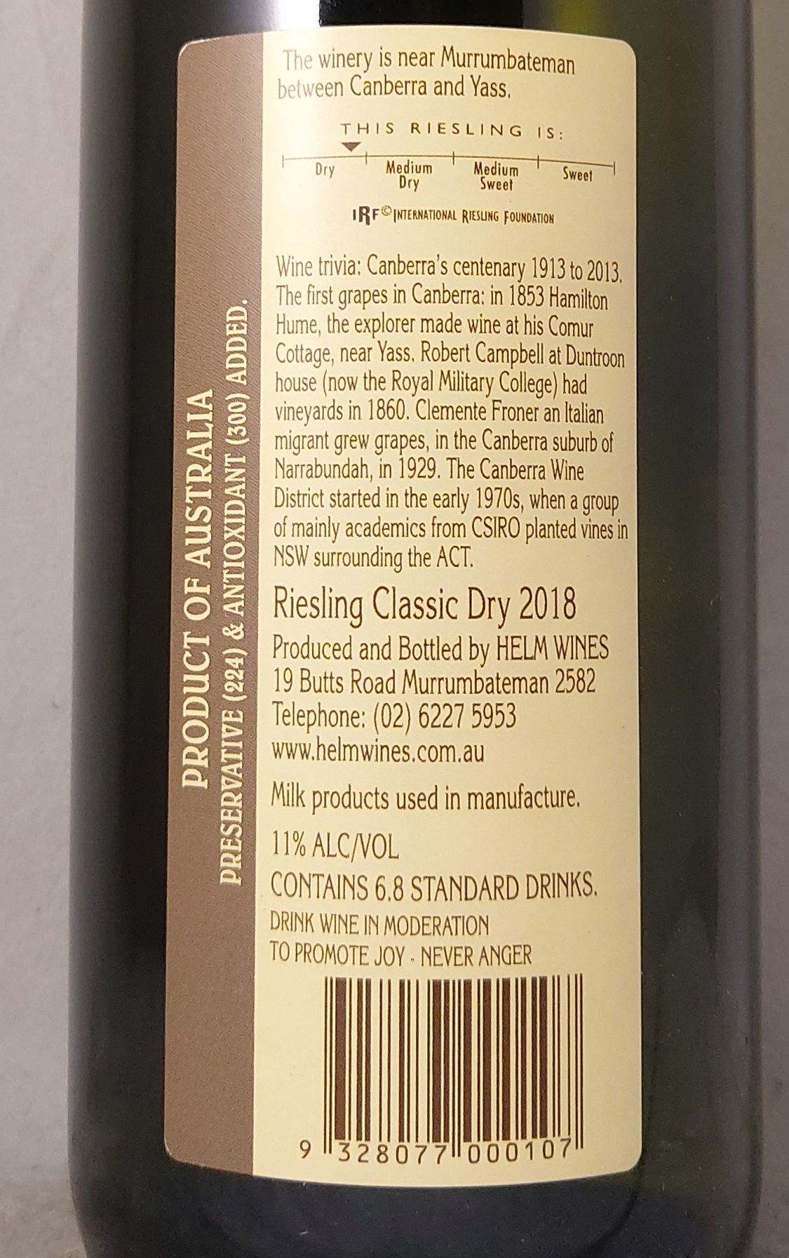 Helm Classic Dry Riesling Canberra District 2018 Back Label