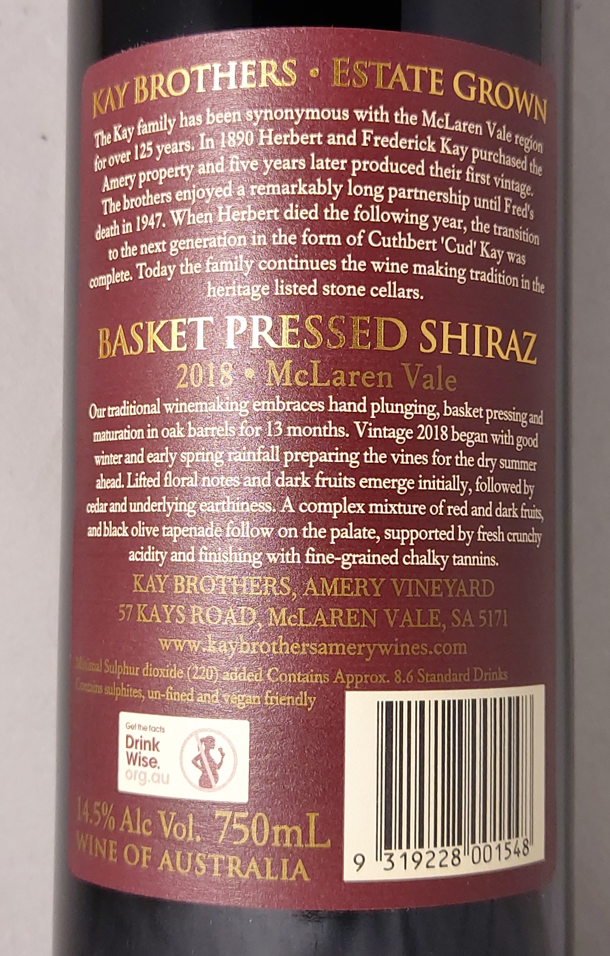 Kay Brothers Basket Pressed Shiraz McLaren Vale 2018 Back Label