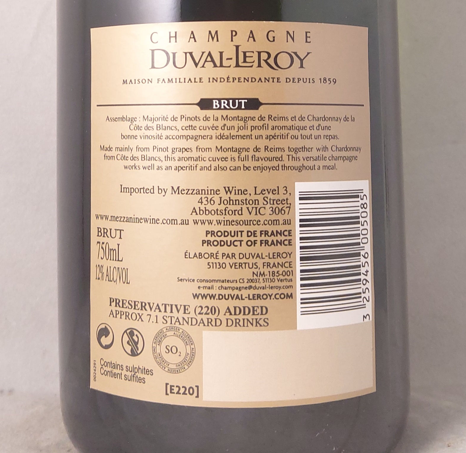 Duval Leroy Brut Reserve Champagne NV 750ml Back Label