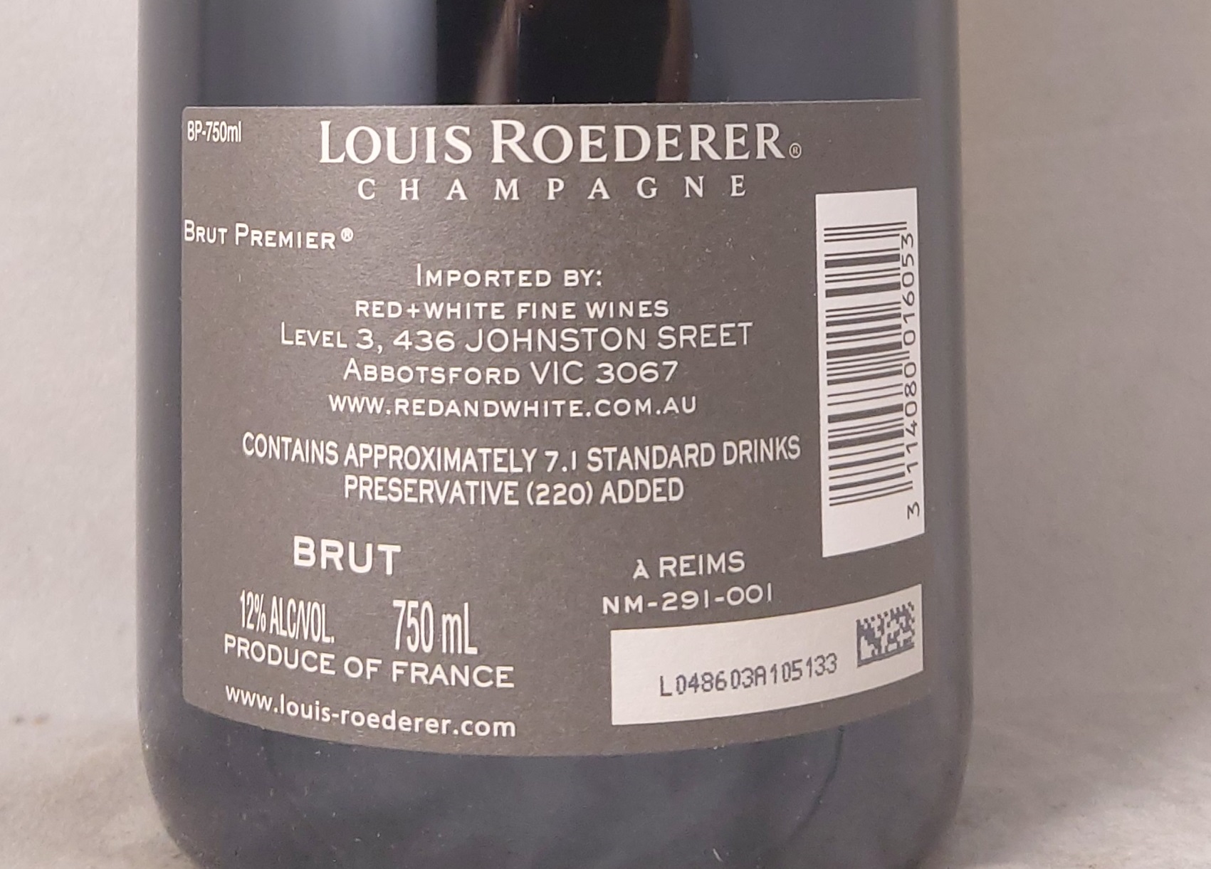Louis Roederer Brut Premiere Champagne NV 750ml Back Label