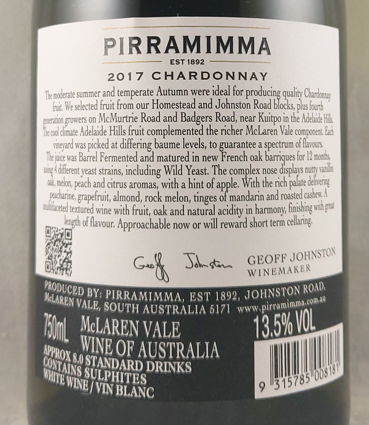 Pirramimma White Label Chardonnay 2017 Back Label