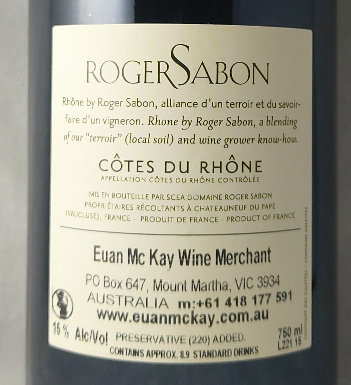 Roger Sabon Rhone By Sabon Cotes Du Rhone 2020 Back Label